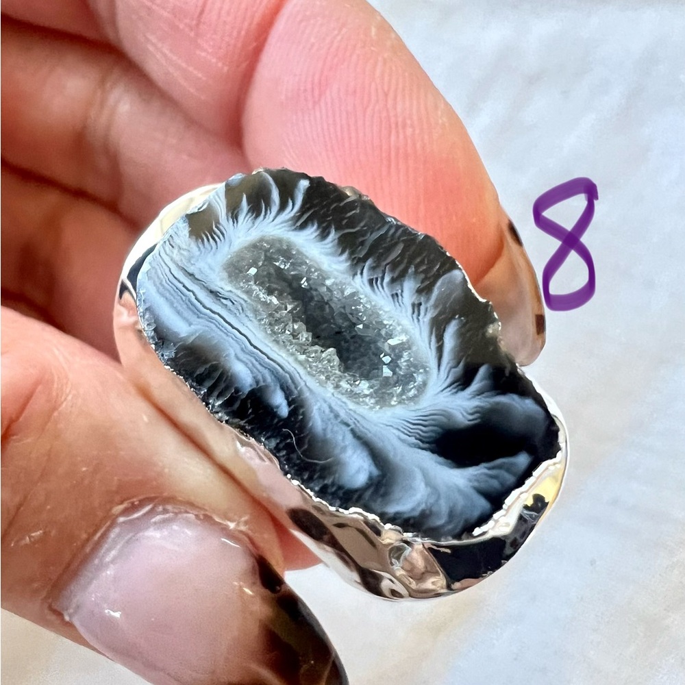 925 Micro Quartz Crystals in Geode Agate Ring 6 7 8 - Picture 12 of 16
